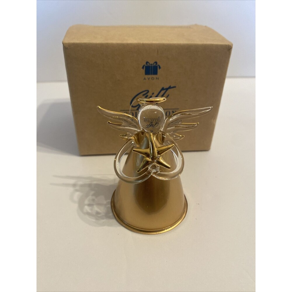 Vintage Avon Gift Collection Gilded Glass Angel Ornament 3” 22K Gold Painted